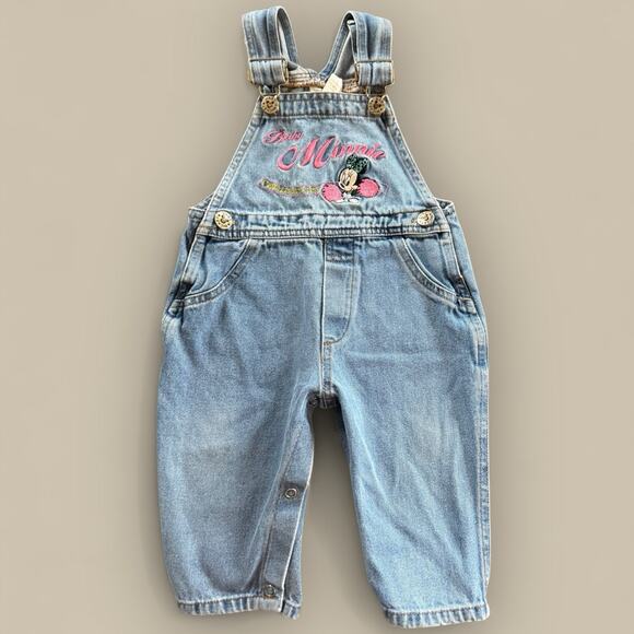 Vtg Disney Y2K Baby Minnie Mouse Embroidered Denim Overalls 12 Month Cheerleader - Picture 2 of 4